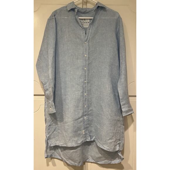 Frank & Eileen Hunter Blue Linen Shirt Dress Button Front Size Small $398 - Picture 2 of 8